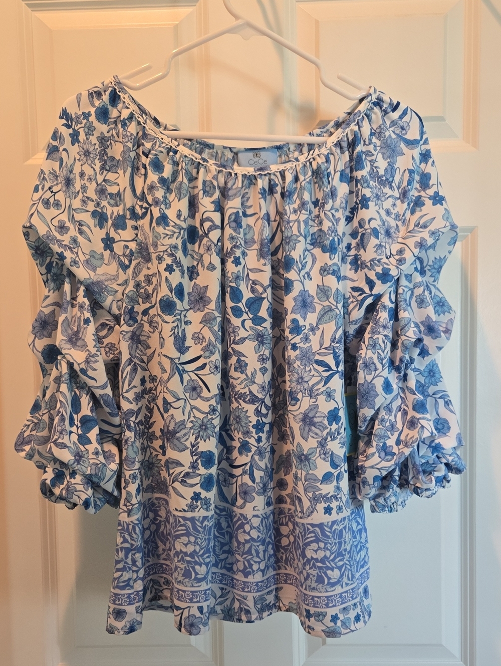 CeCe White and Blue Floral Peasant Blouse with Ruffle Sleeves